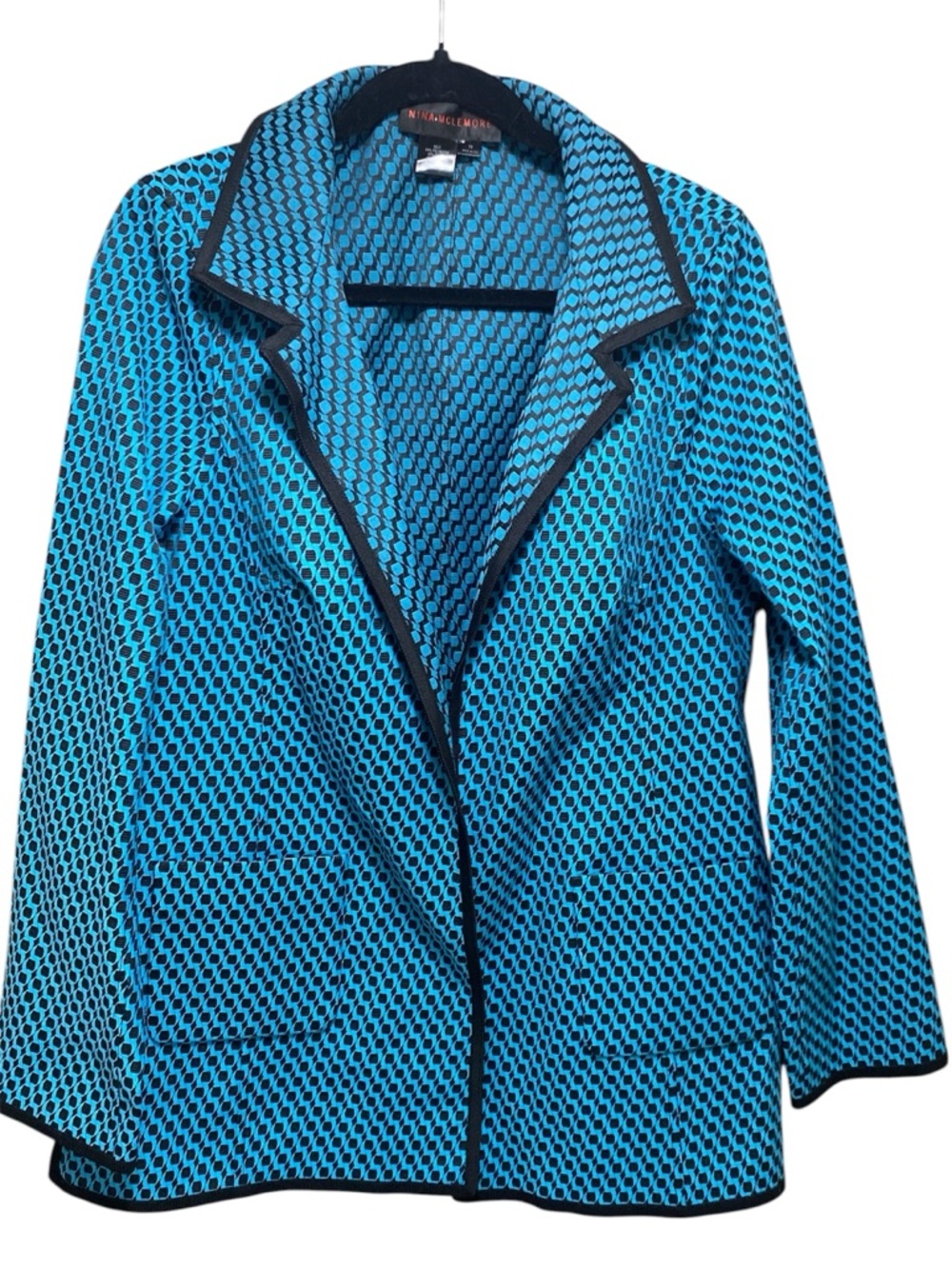 Nina McLemore Jacquard Open Jacket 10 Geometric Knit Mid Length Lined Pockets